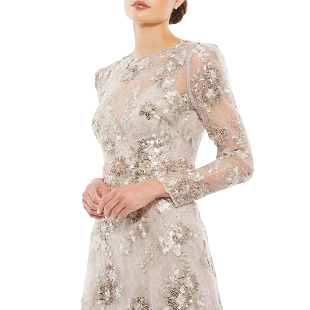 Mac Duggal Silver Champagne Embellished Lace Maxi Gown - Picture 2 of 10